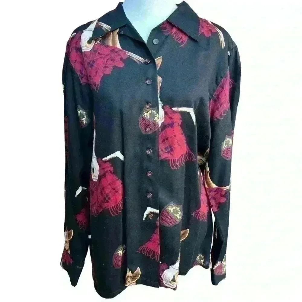 British Khaki equestrian button down blouse black, gold & red with horses size 8